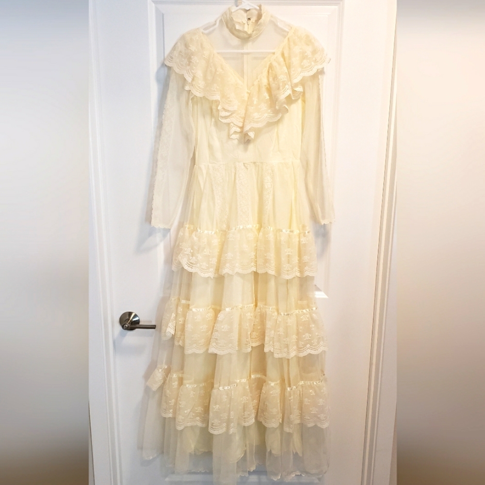 Vintage Dress Prairie Lace 1970s 1980 Union Made USA Nylon Fabric XS